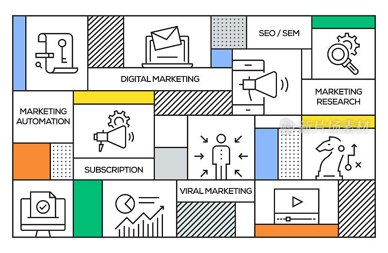 Digital Marketing Concept. Geometric Retro Style Banner and Poster Concept with Digital Marketing Line Icons